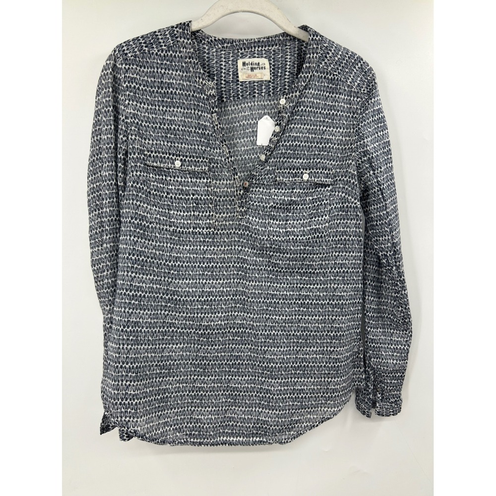 Anthropologie Holding Horses Navy White Tulip Print Cotton Roll Tab Blouse S
